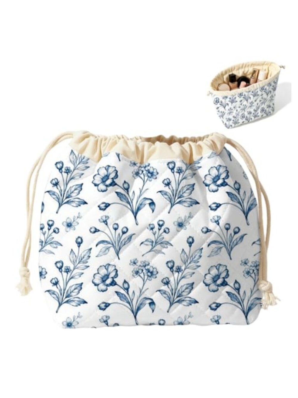 Quilted Polyester Drawstring Makeup Bag Cosmetic Pouch Travel Toiletry Organizer